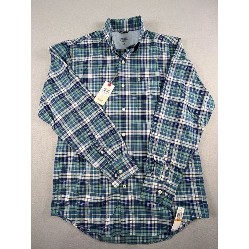 IZOD Button Down Mens Small Beryl Green Newport Oxford Plaid Saltwater Shirt NWT